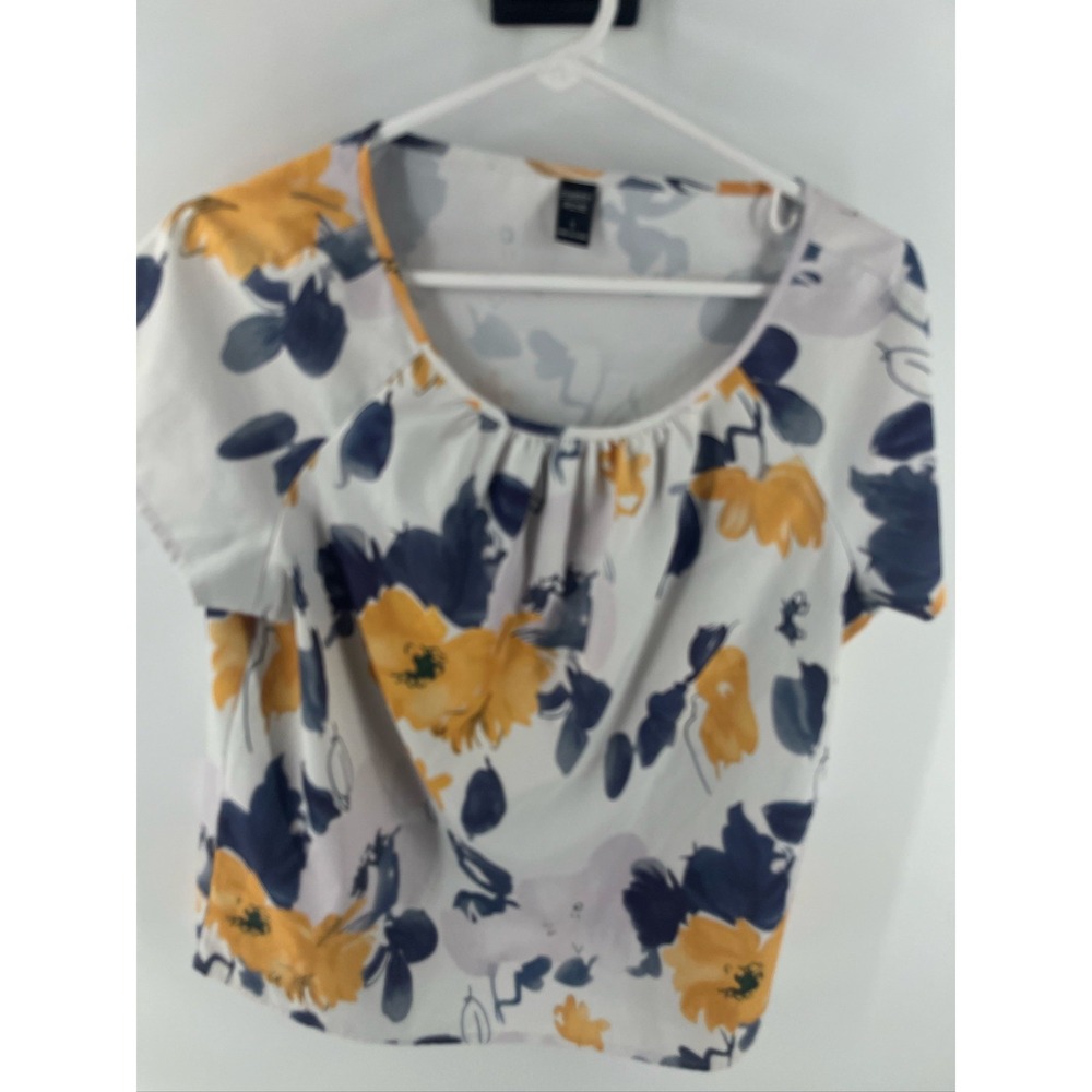 Emery Rose Womens Large Floral Scoop Neck Pleated Short Sleeve Blouse White Navy